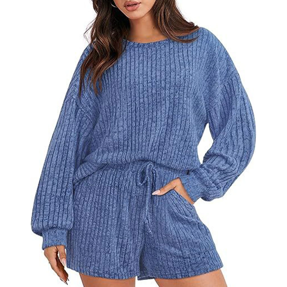 Women Rib 2 Piece Lounge Sets Long Sleeve Round Neck Blouse Elastic Waist Short Pants Pure Color Rib Loungewear with Pocket Blue XL