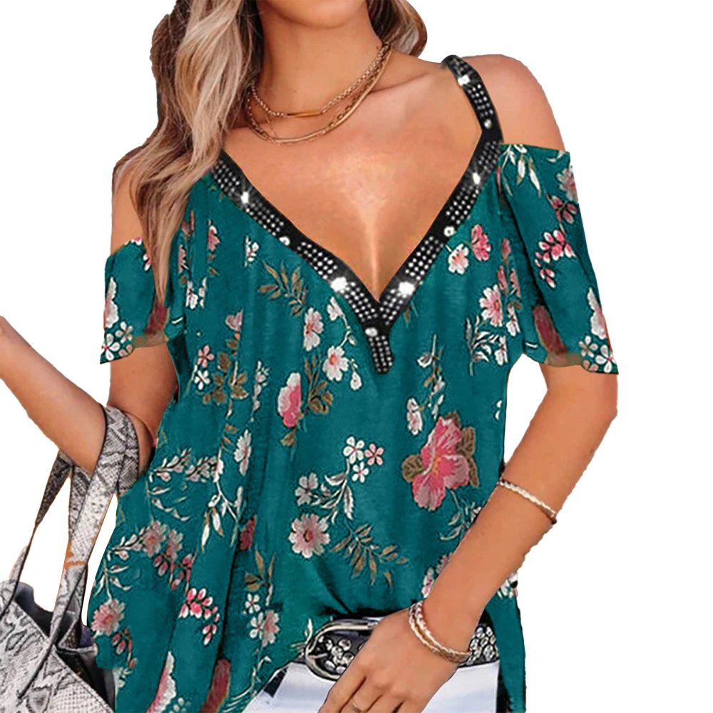 Women Cold Shoulder V Neck Top Floral Printed Spaghetti Strap Flowy Loose Fit Casual Pullover Shirt Blue XXL