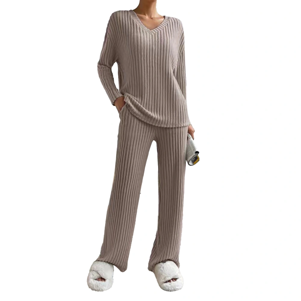 Women Lounge Set 2 Piece Home Outfits Loose V Neck Long Sleeves Top Casual Straight Pants for Daily Life Dark Khaki XL