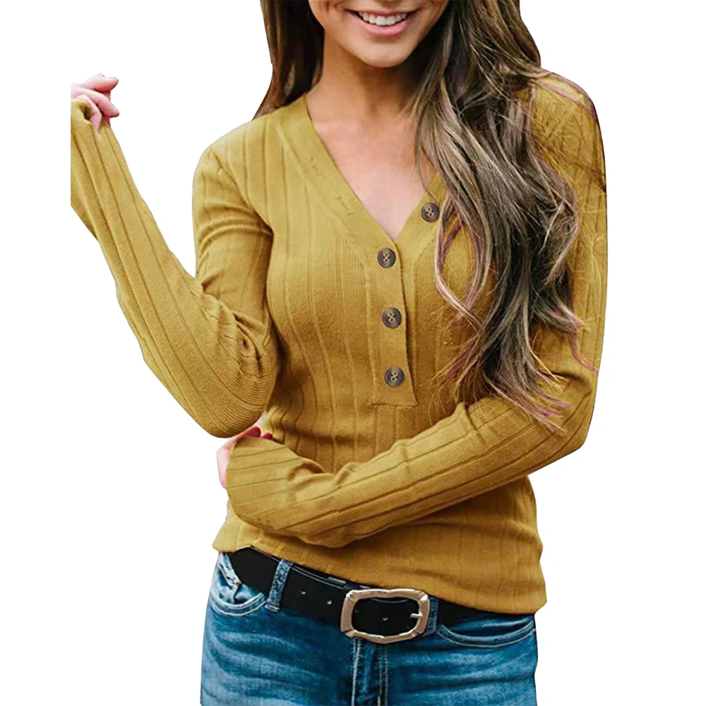 Button Down Knit Sweater V Neck Long Sleeve Knit Bottom Shirt for Home Shopping Dating Yellow XXL