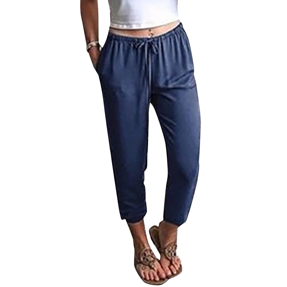 Women Drawstring Waist Pants Elastic Leg Opening Casual Long Trousers with Side Pockets Purplish Blue M