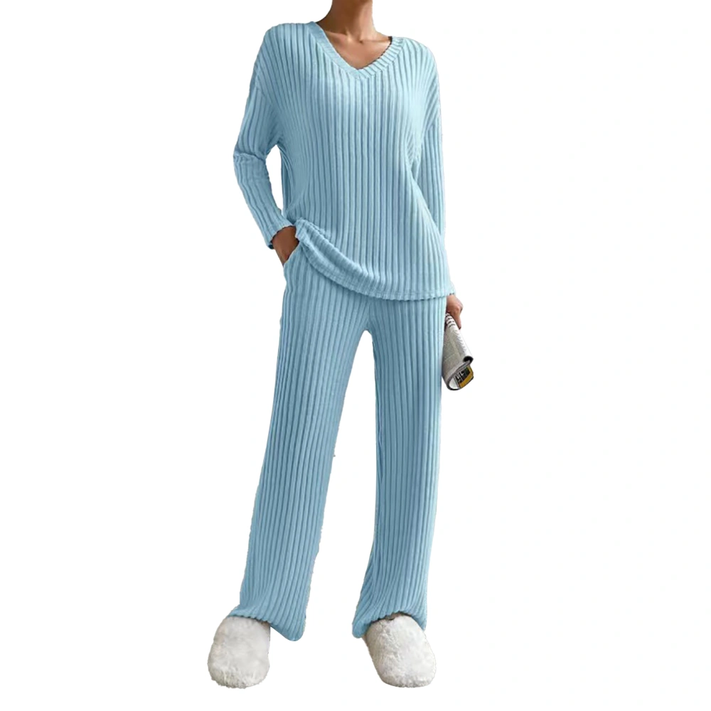 Women Lounge Set 2 Piece Home Outfits Loose V Neck Long Sleeves Top Casual Straight Pants for Daily Life Blue M