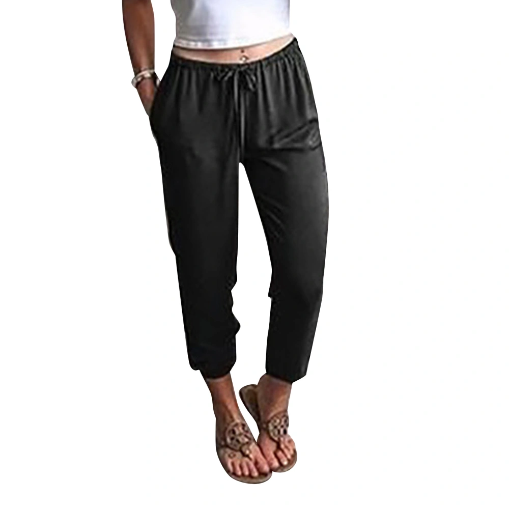 Women Drawstring Waist Pants Elastic Leg Opening Casual Long Trousers with Side Pockets Black S