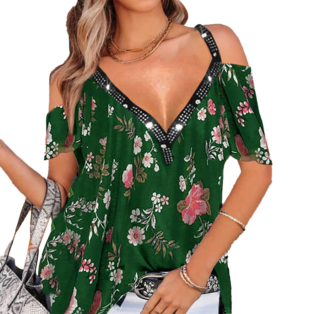 Women Cold Shoulder V Neck Top Floral Printed Spaghetti Strap Flowy Loose Fit Casual Pullover Shirt Green L