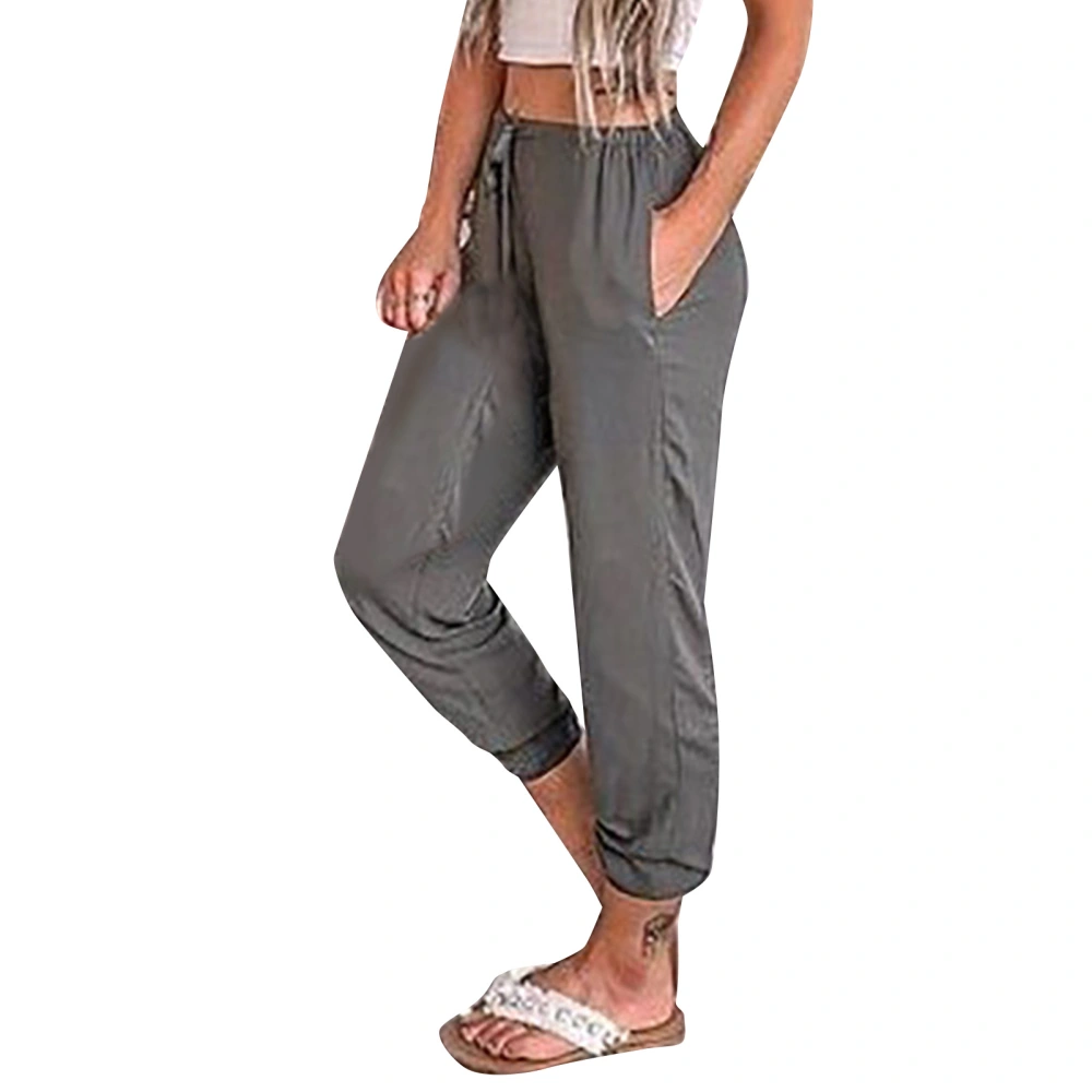 Women Drawstring Waist Pants Elastic Leg Opening Casual Long Trousers with Side Pockets Grey M