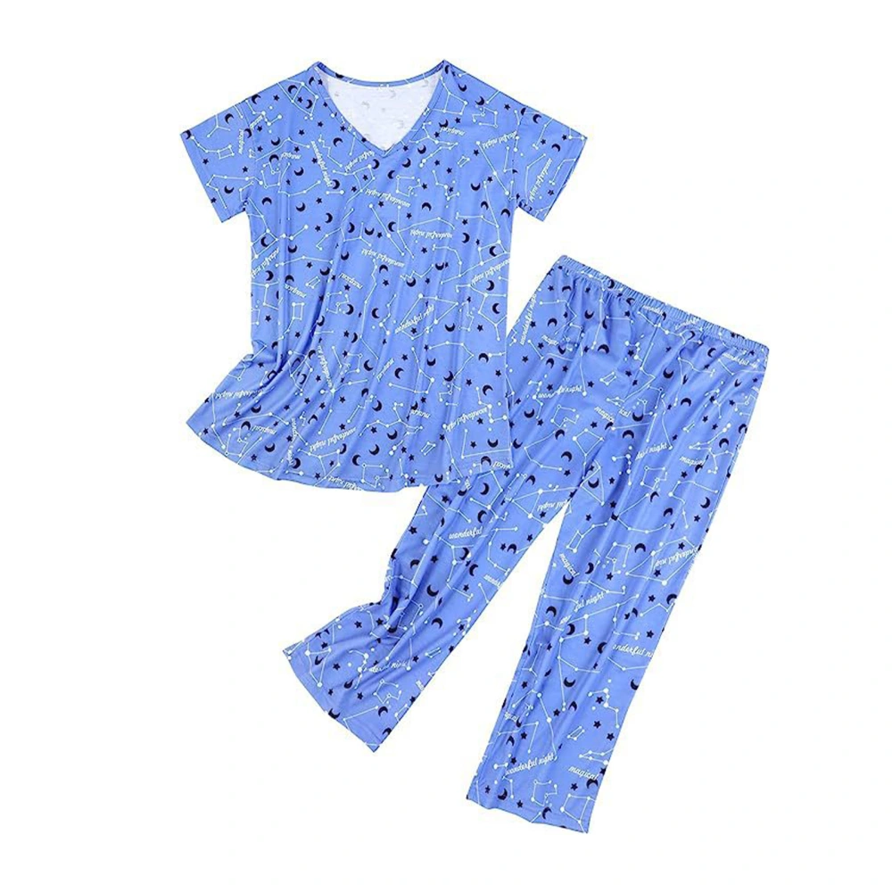 2 Pieces Women Sleepwear V Neck Short Sleeve Cropped Pants Cute Printed Pattern Casual Pajamas Set for Home Leisure 7 Stars Pattern 3XL