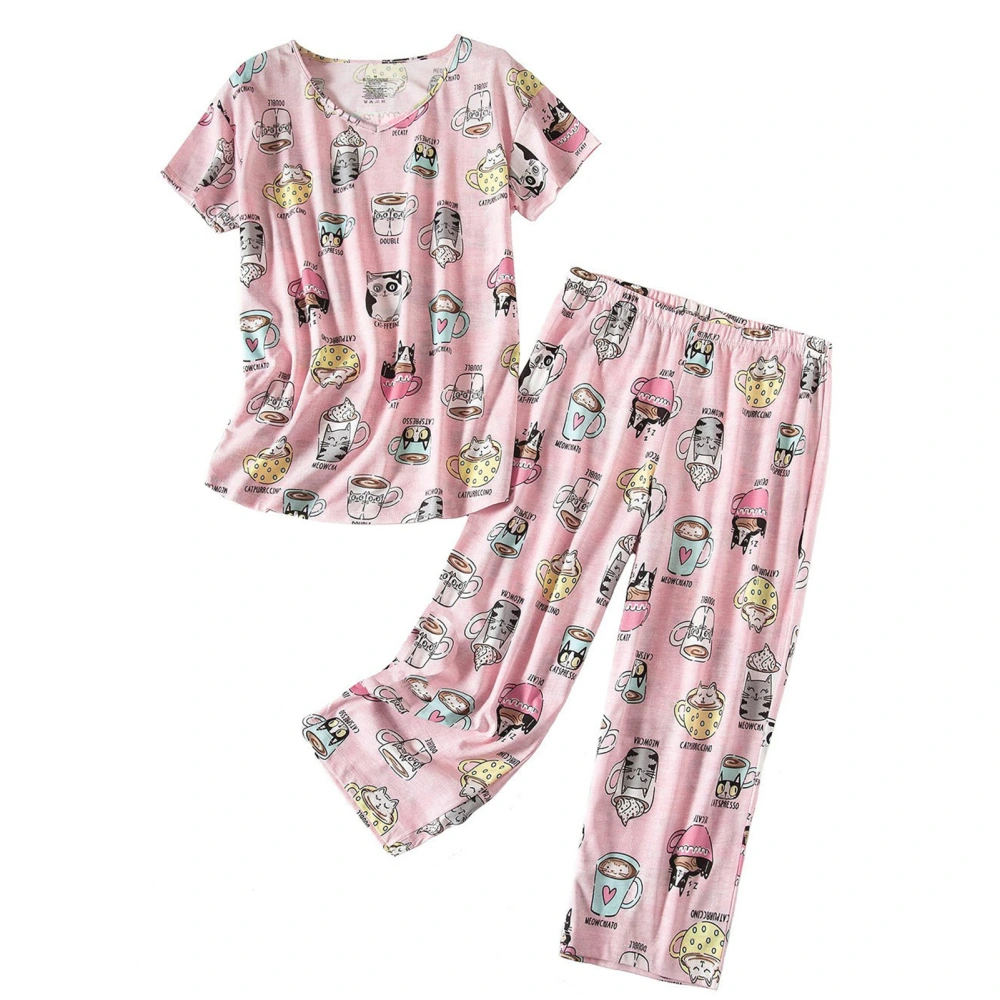 2 Pieces Women Sleepwear V Neck Short Sleeve Cropped Pants Cute Printed Pattern Casual Pajamas Set for Home Leisure Pink Cat Cup Pattern 3XL