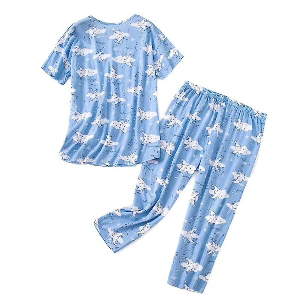 2 Pieces Women Sleepwear V Neck Short Sleeve Cropped Pants Cute Printed Pattern Casual Pajamas Set for Home Leisure Blue Moon Pattern 4XL