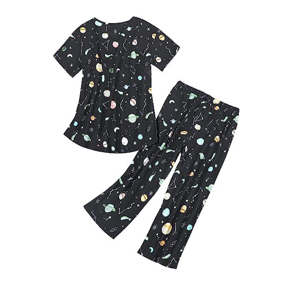 2 Pieces Women Sleepwear V Neck Short Sleeve Cropped Pants Cute Printed Pattern Casual Pajamas Set for Home Leisure Black Planet Pattern 1XL