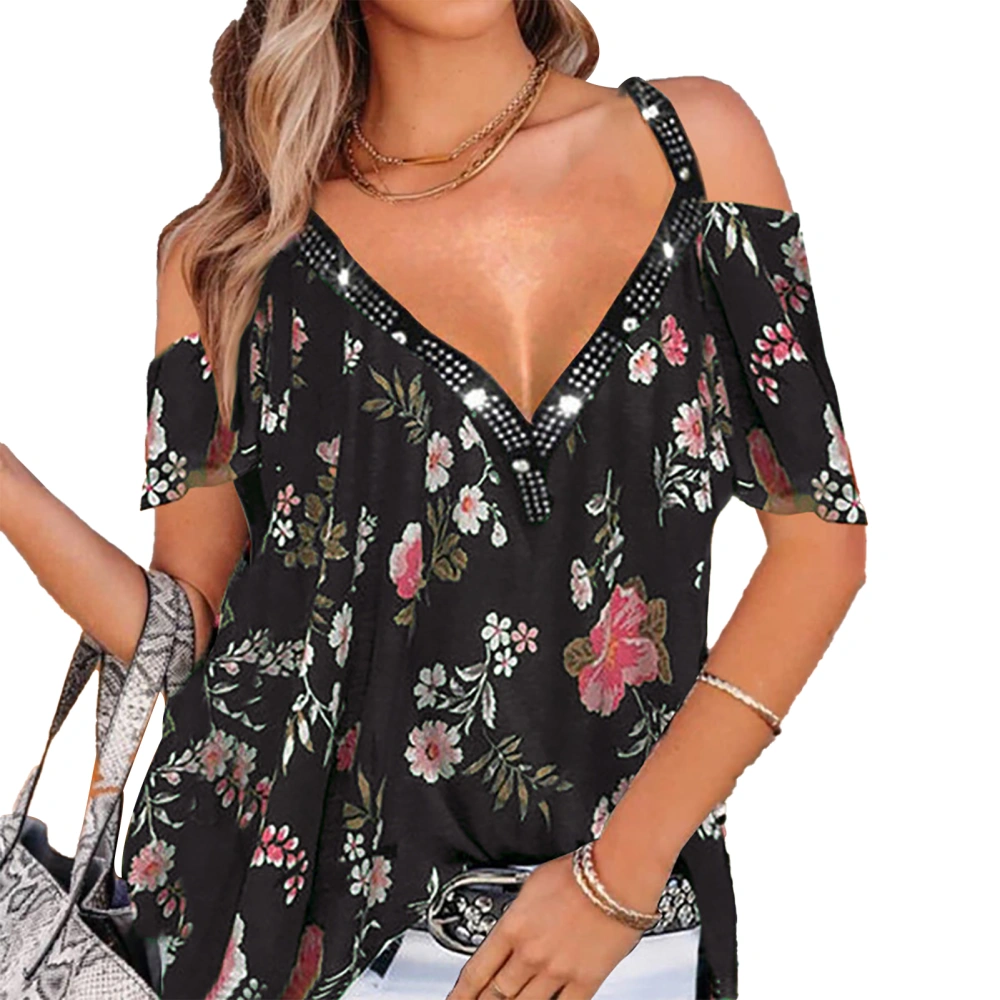 Women Cold Shoulder V Neck Top Floral Printed Spaghetti Strap Flowy Loose Fit Casual Pullover Shirt Black S