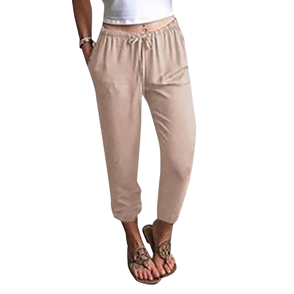 Women Drawstring Waist Pants Elastic Leg Opening Casual Long Trousers with Side Pockets Khaki L