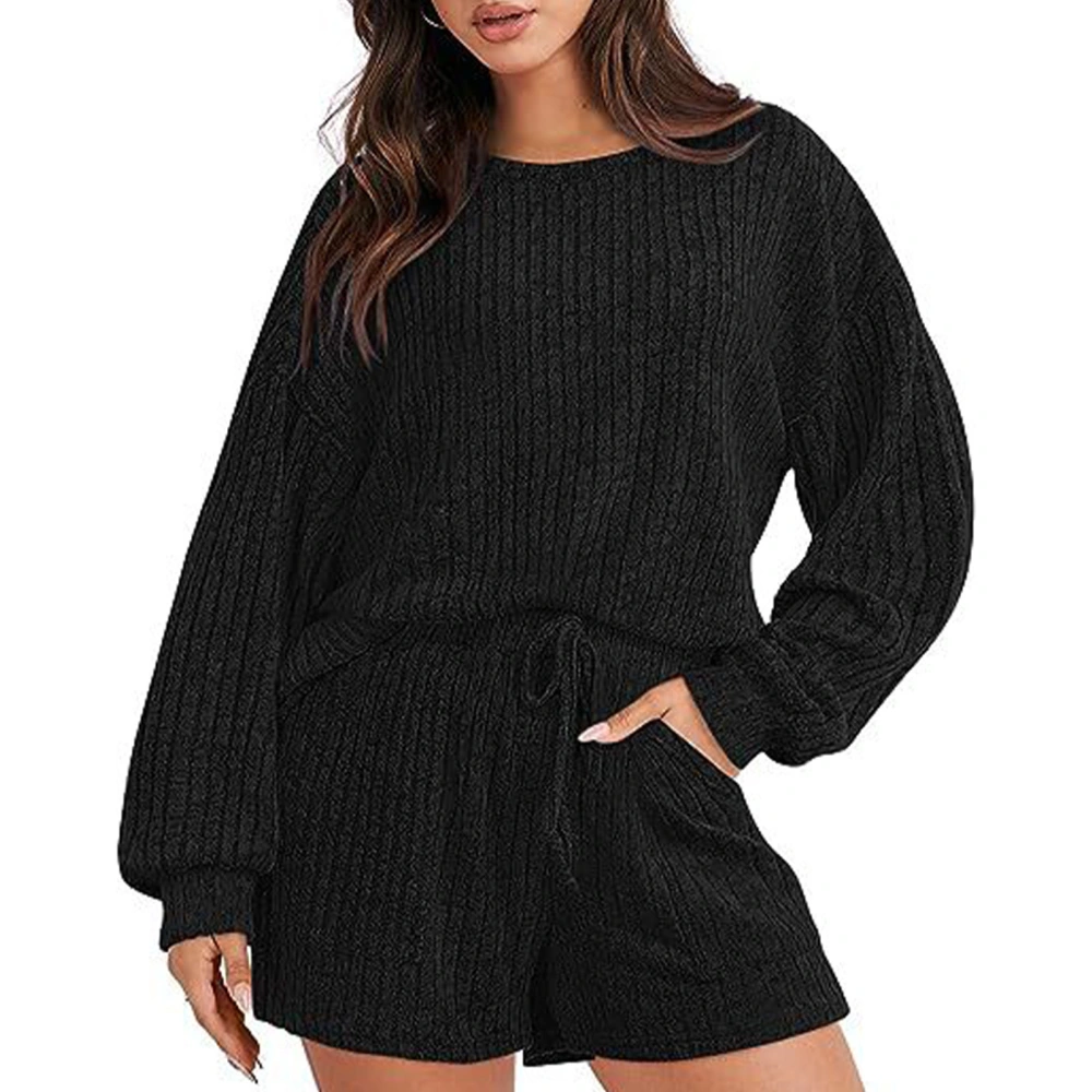 Women Rib 2 Piece Lounge Sets Long Sleeve Round Neck Blouse Elastic Waist Short Pants Pure Color Rib Loungewear with Pocket Black M