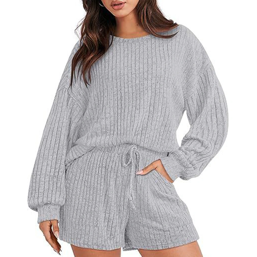 Women Rib 2 Piece Lounge Sets Long Sleeve Round Neck Blouse Elastic Waist Short Pants Pure Color Rib Loungewear with Pocket Grey L