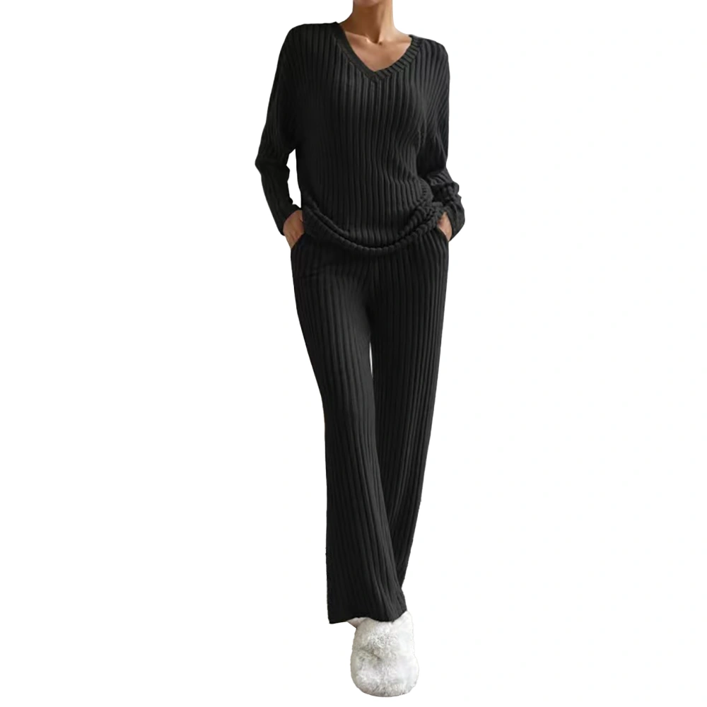 Women Lounge Set 2 Piece Home Outfits Loose V Neck Long Sleeves Top Casual Straight Pants for Daily Life Black XS