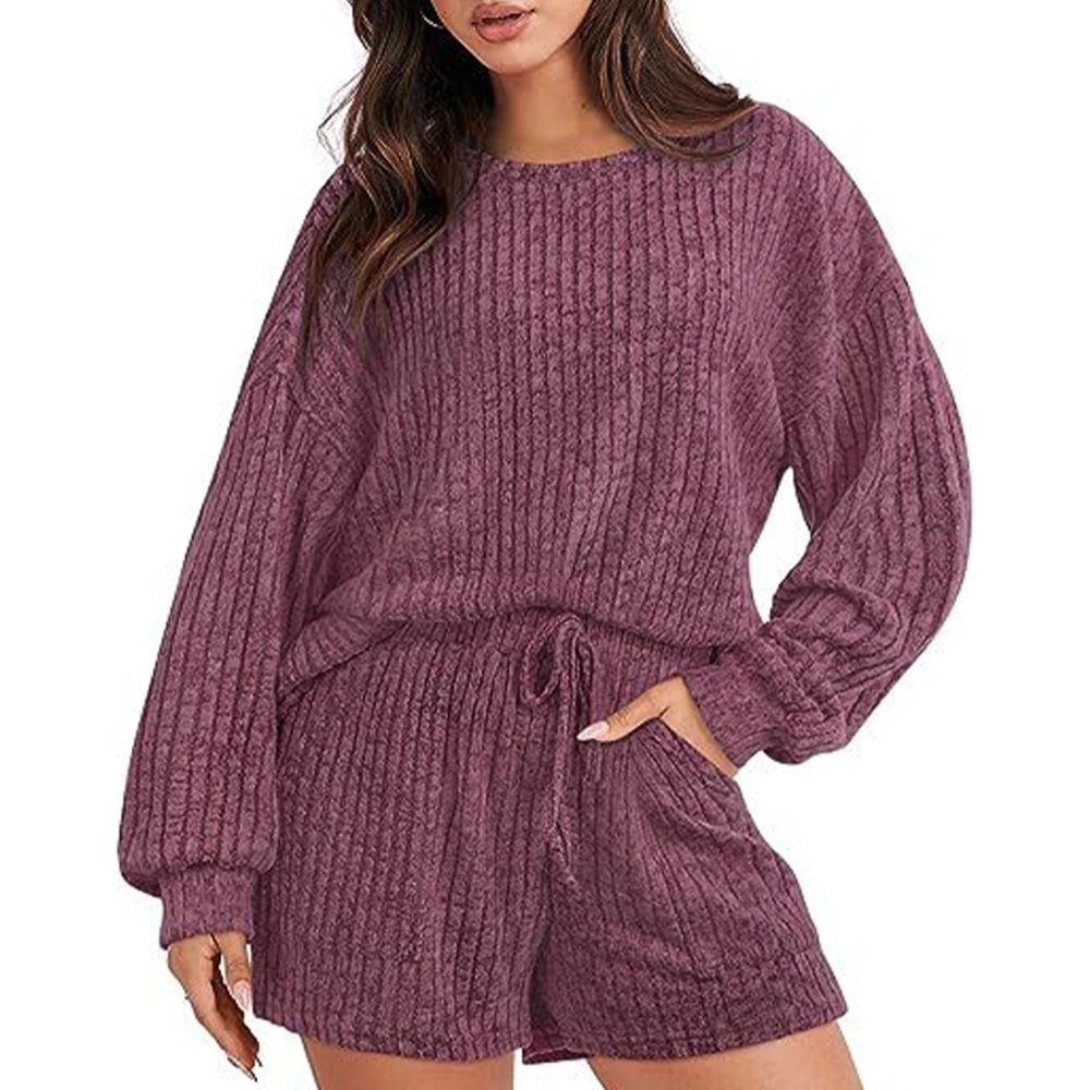 Women Rib 2 Piece Lounge Sets Long Sleeve Round Neck Blouse Elastic Waist Short Pants Pure Color Rib Loungewear with Pocket Wine Red L