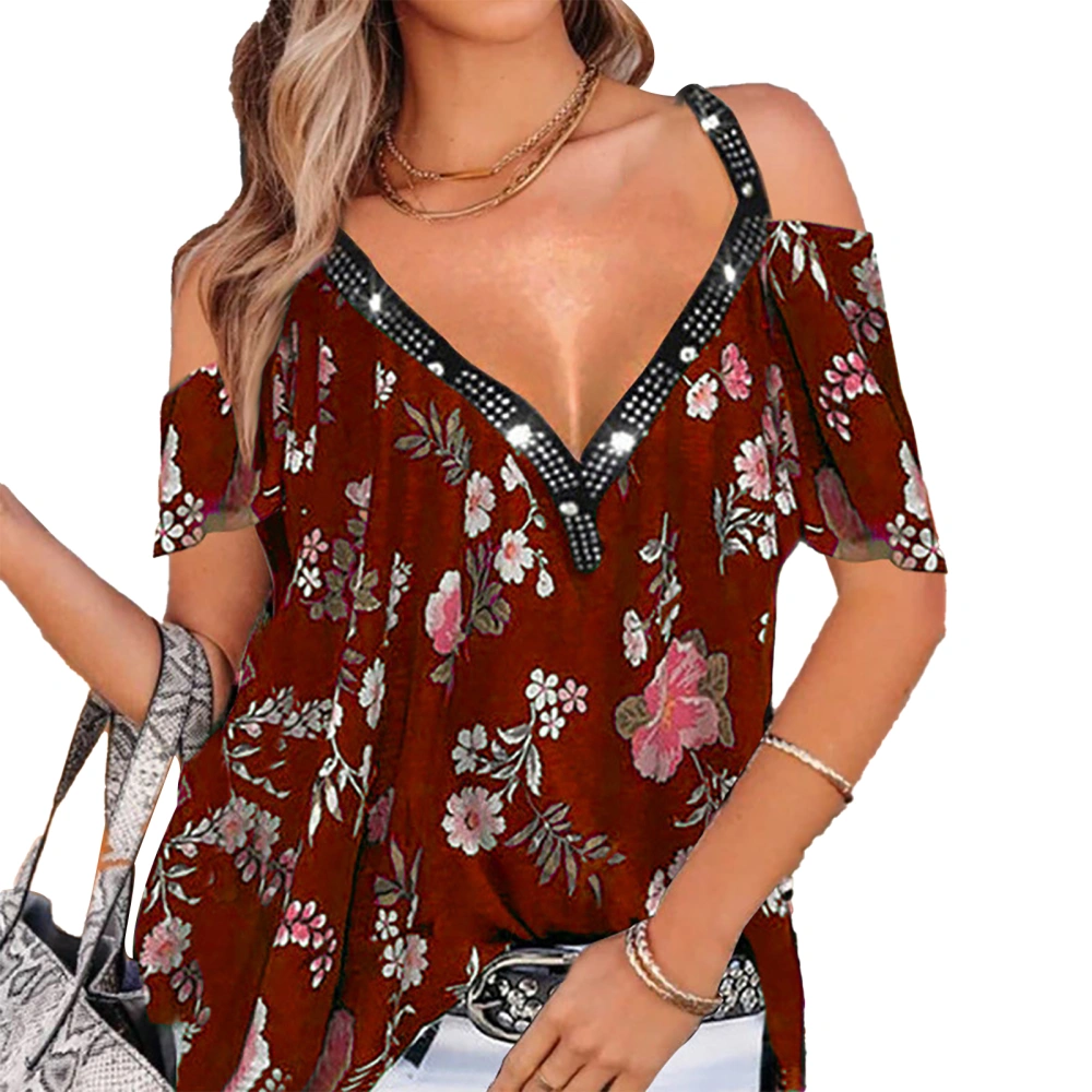 Women Cold Shoulder V Neck Top Floral Printed Spaghetti Strap Flowy Loose Fit Casual Pullover Shirt Burgundy XXL