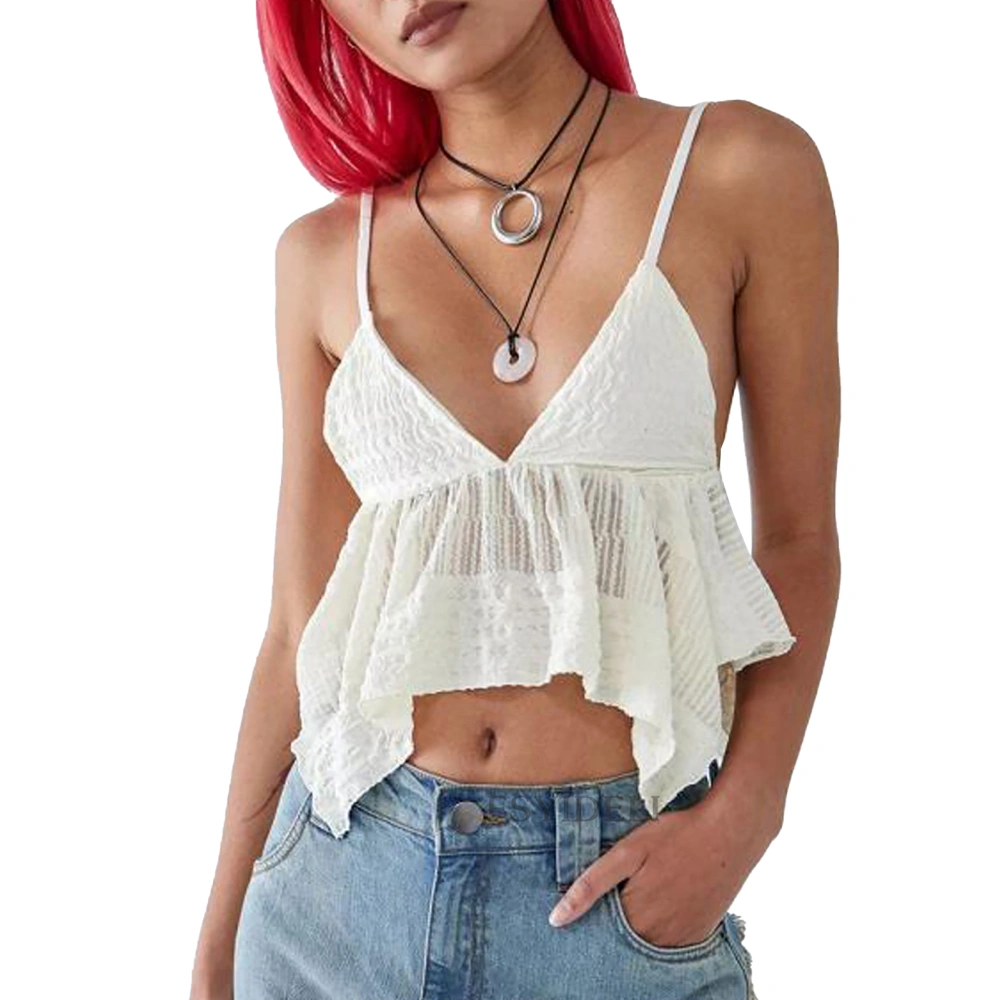 Women Spaghetti Strap Tank Top Irregular Hem Pure Color Lace Summer Sleeveless Short Top White M