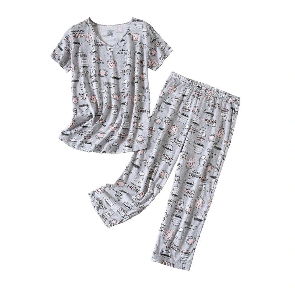 2 Pieces Women Sleepwear V Neck Short Sleeve Cropped Pants Cute Printed Pattern Casual Pajamas Set for Home Leisure Grey Coffee Pattern 4XL