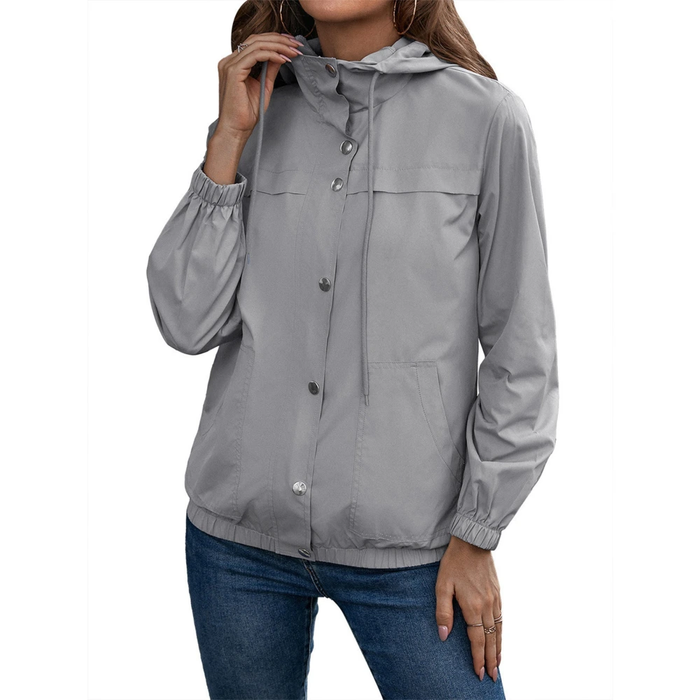 Women Hooded Rain Jacket Snap Fastener Closure Long Sleeve Waterproof Windbreaker for Outdoor Hiking Running Light Gray S