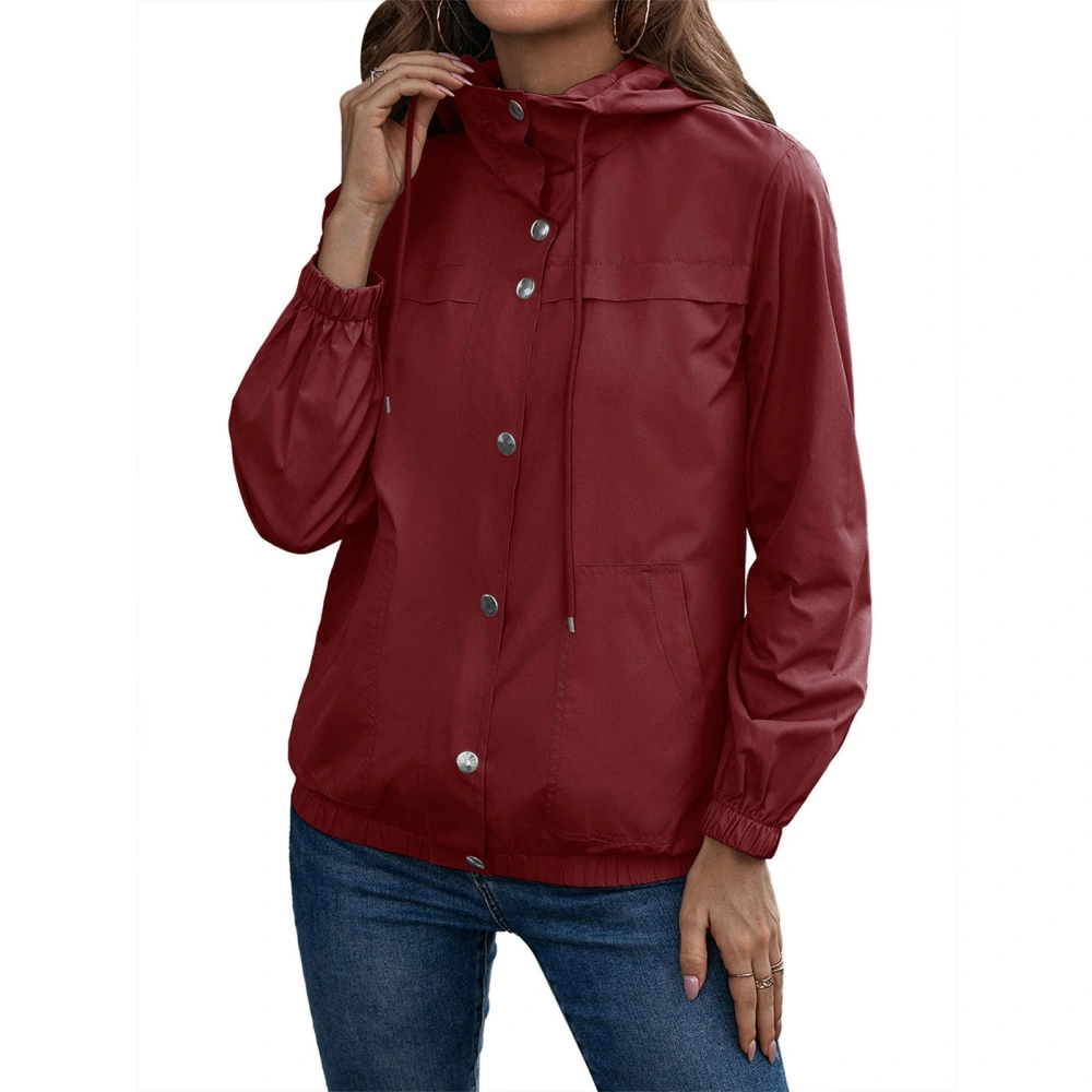 Women Hooded Rain Jacket Snap Fastener Closure Long Sleeve Waterproof Windbreaker for Outdoor Hiking Running Burgundy XXL