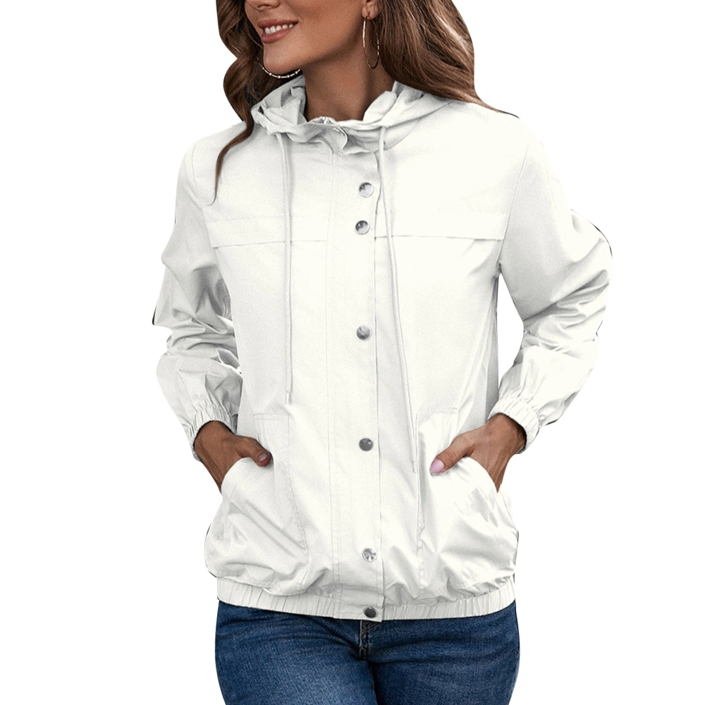 Women Hooded Rain Jacket Snap Fastener Closure Long Sleeve Waterproof Windbreaker for Outdoor Hiking Running Beige M