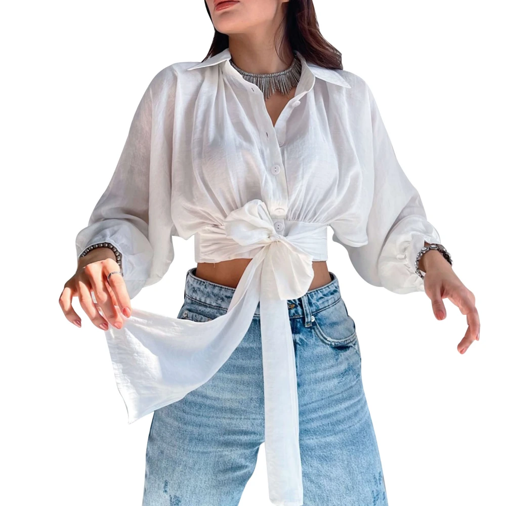 Women Top Long Bat Sleeves Waist Tie Pure Color Button Down Midriff Blouse for Outdoor Travel White L