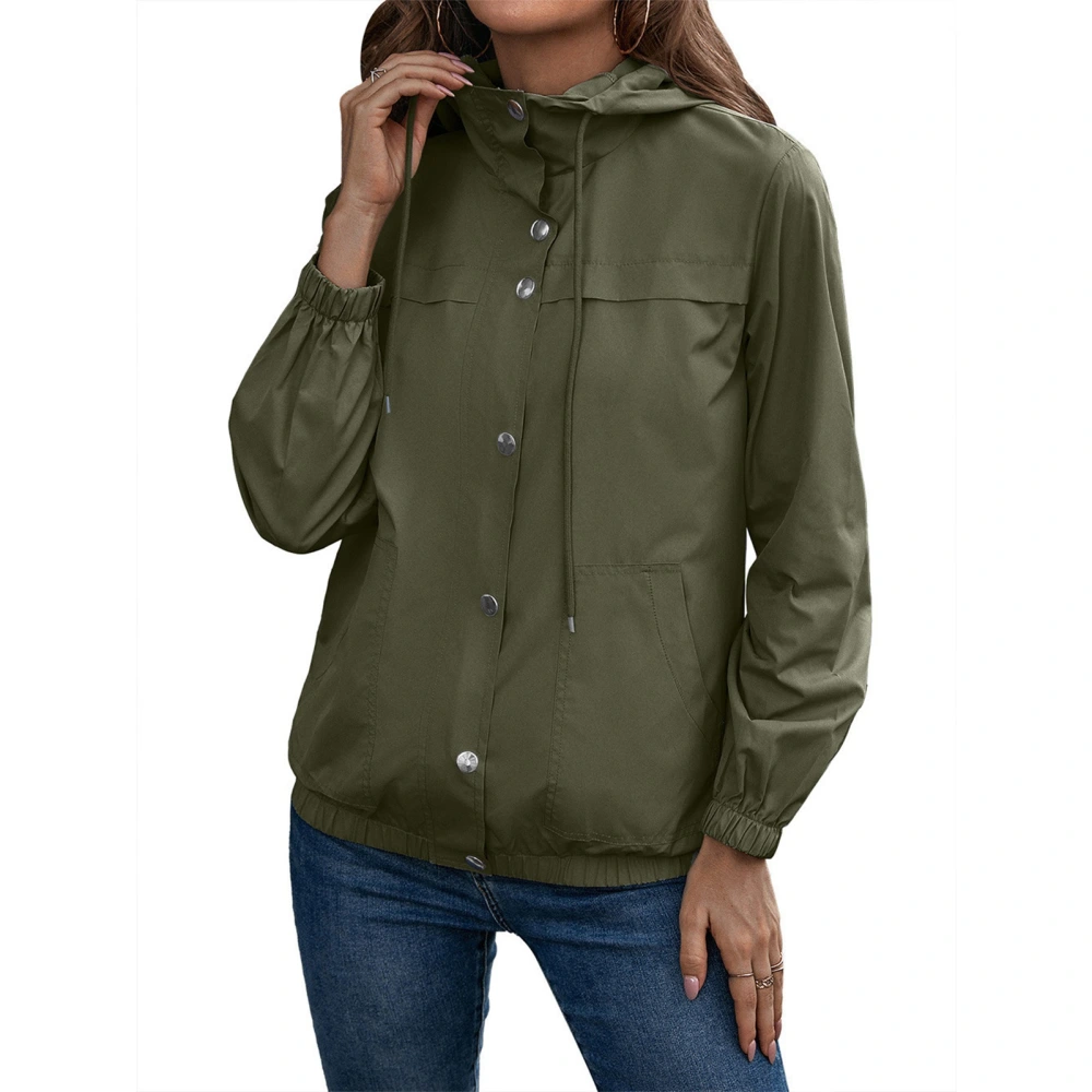 Women Hooded Rain Jacket Snap Fastener Closure Long Sleeve Waterproof Windbreaker for Outdoor Hiking Running OD Green M