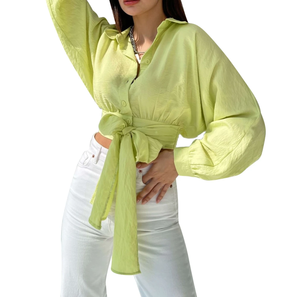 Women Top Long Bat Sleeves Waist Tie Pure Color Button Down Midriff Blouse for Outdoor Travel Yellow L