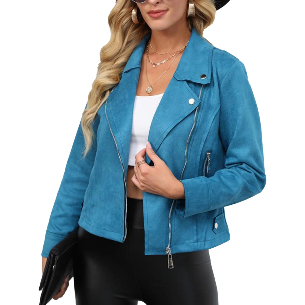 Women Long Sleeve Jacket Turn Down Collar Cool Design Zip Up Jacket for Outdoor Shopping Work Light Blue S