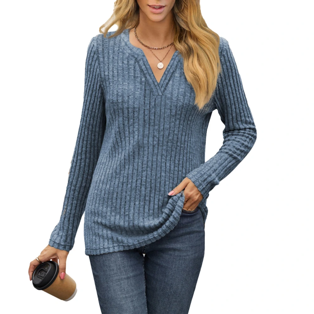 Women Blouse V Neck Long Sleeve Ribbed Plain Comfortable Simple Top for Work Daily Leisure Light Blue S