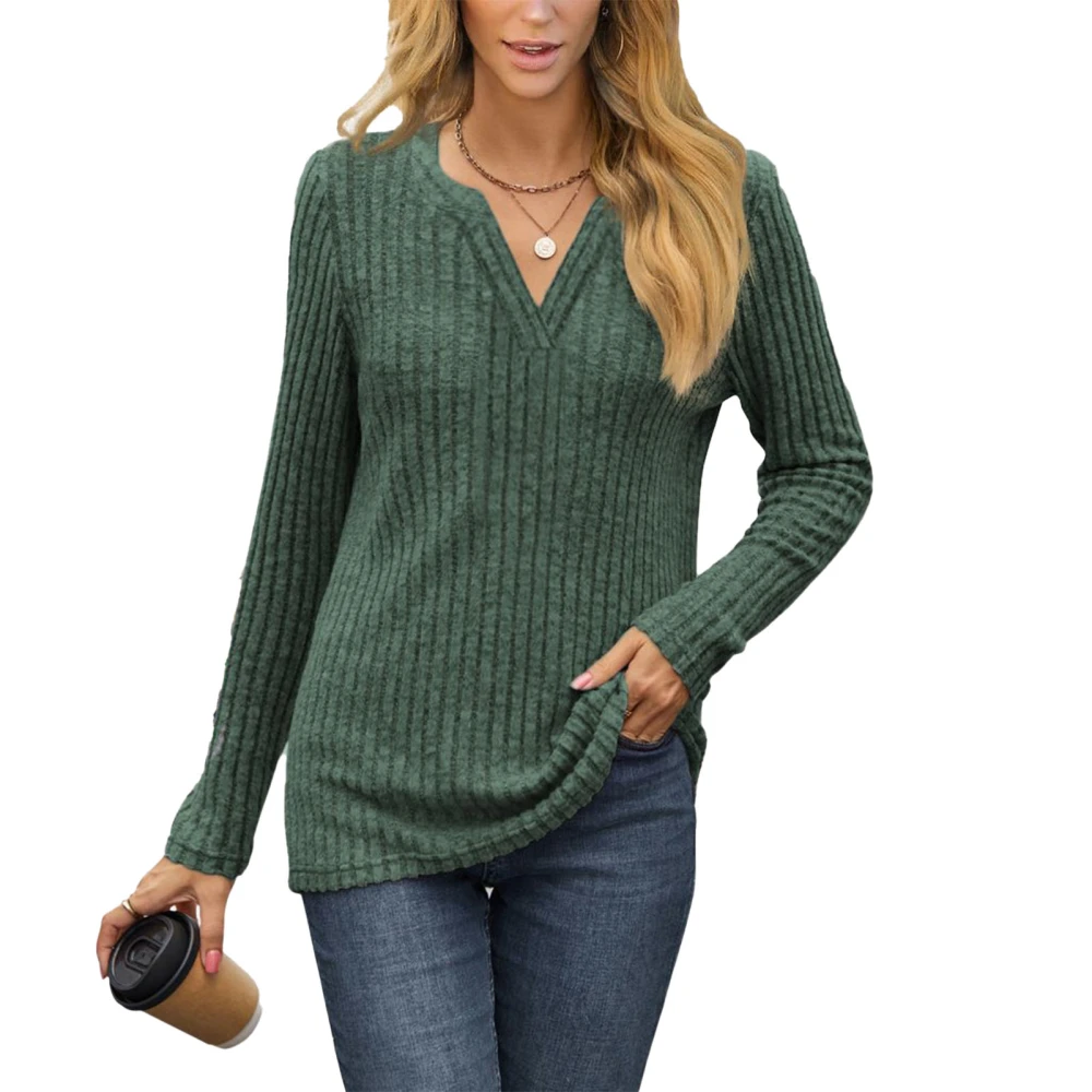 Women Blouse V Neck Long Sleeve Ribbed Plain Comfortable Simple Top for Work Daily Leisure Green XL