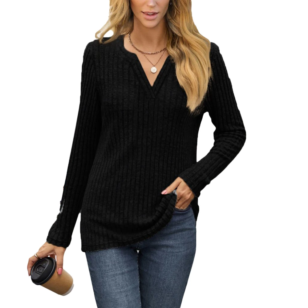 Women Blouse V Neck Long Sleeve Ribbed Plain Comfortable Simple Top for Work Daily Leisure Black L