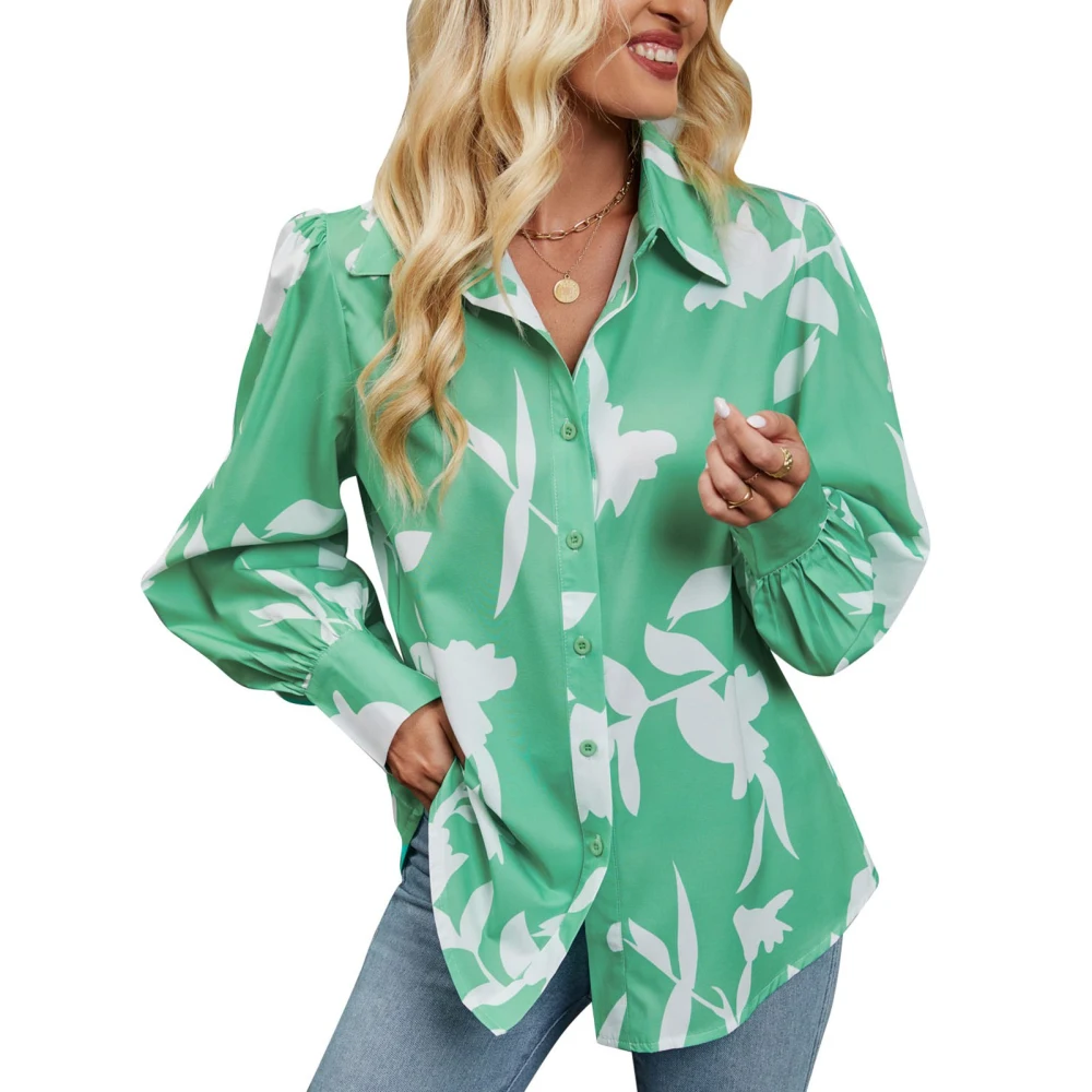 Women Printed Button Up Shirt V Neck Long Sleeve Turn Down Collar Casual Loose Fit Button Up Shirt Green Print XL