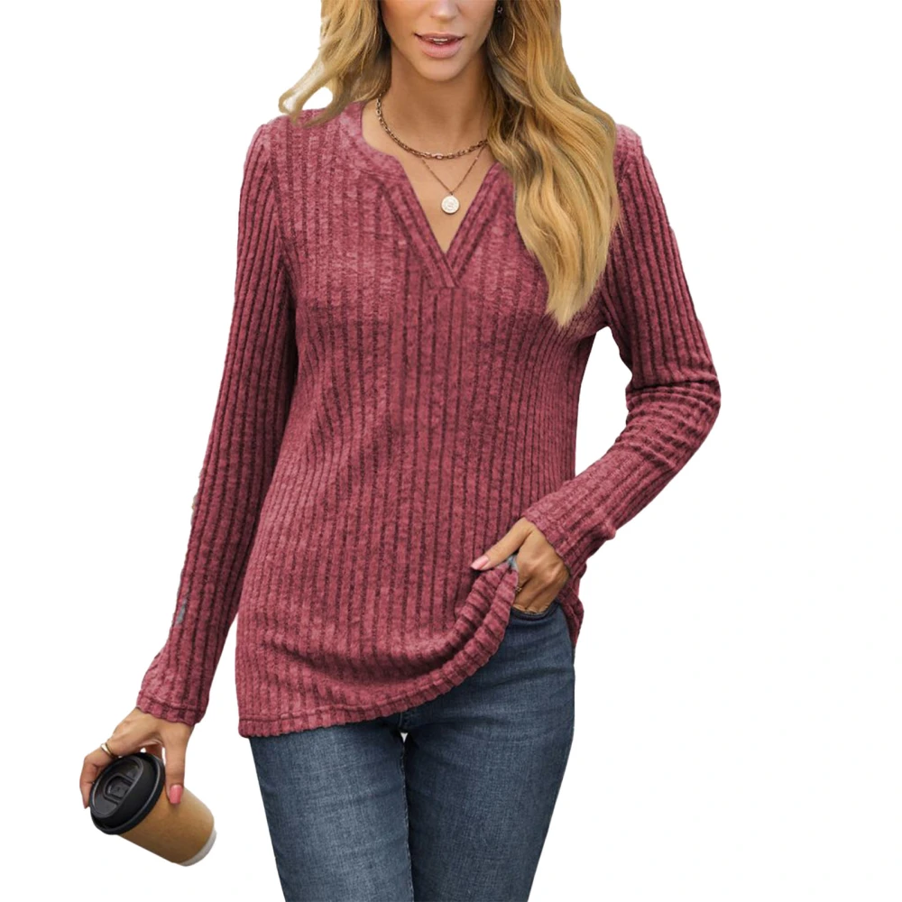 Women Blouse V Neck Long Sleeve Ribbed Plain Comfortable Simple Top for Work Daily Leisure Wine Red S