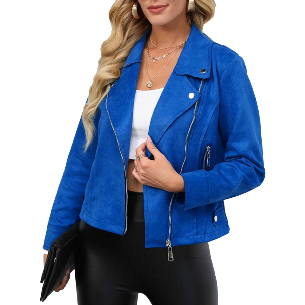 Women Long Sleeve Jacket Turn Down Collar Cool Design Zip Up Jacket for Outdoor Shopping Work Blue XXL