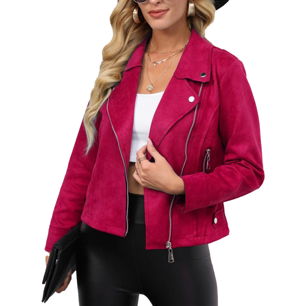 Women Long Sleeve Jacket Turn Down Collar Cool Design Zip Up Jacket for Outdoor Shopping Work Red M