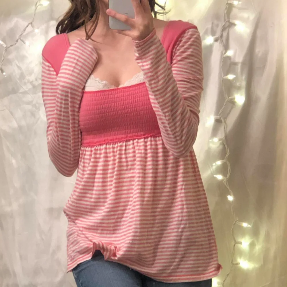 Women Stripe Printing T Shirt Color Blocking Shirred Bust Long Sleeves Casual Splicing Blouse Pink M