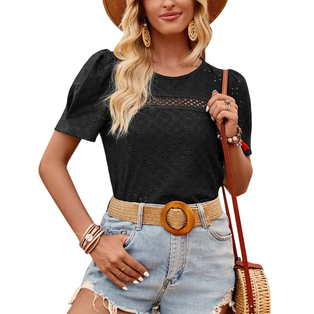 Women Round Neck T Shirt Short Puff Sleeves Hollow Out Bust Casual Jacquard Loose Blouse Black XL