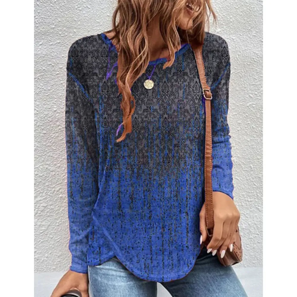 Women Irregular Hem Long Sleeve T Shirt Crew Neck Loose Fit Printed Casual Pullover T Shirt Blue M