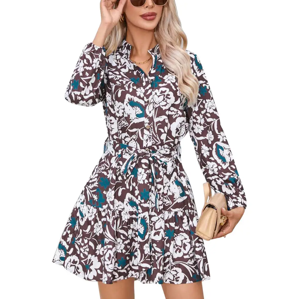 Women Dress Belted Waist Button Decoration Fashion Print Comfortable Long Sleeve Dress for Dating Party Coffee XL