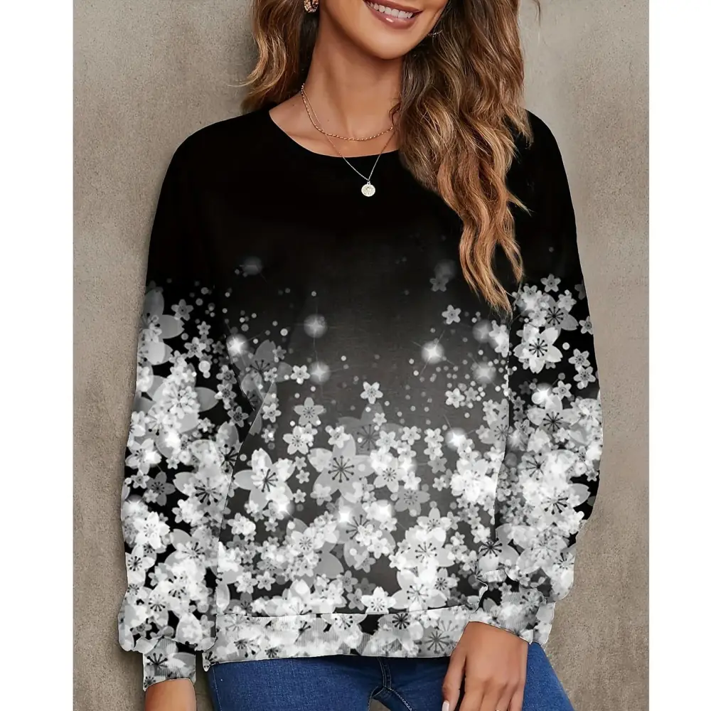 Women Gradient Floral Printed Sweatshirt Crew Neck Long Sleeve Loose Fit Casual Pullover Top Black S