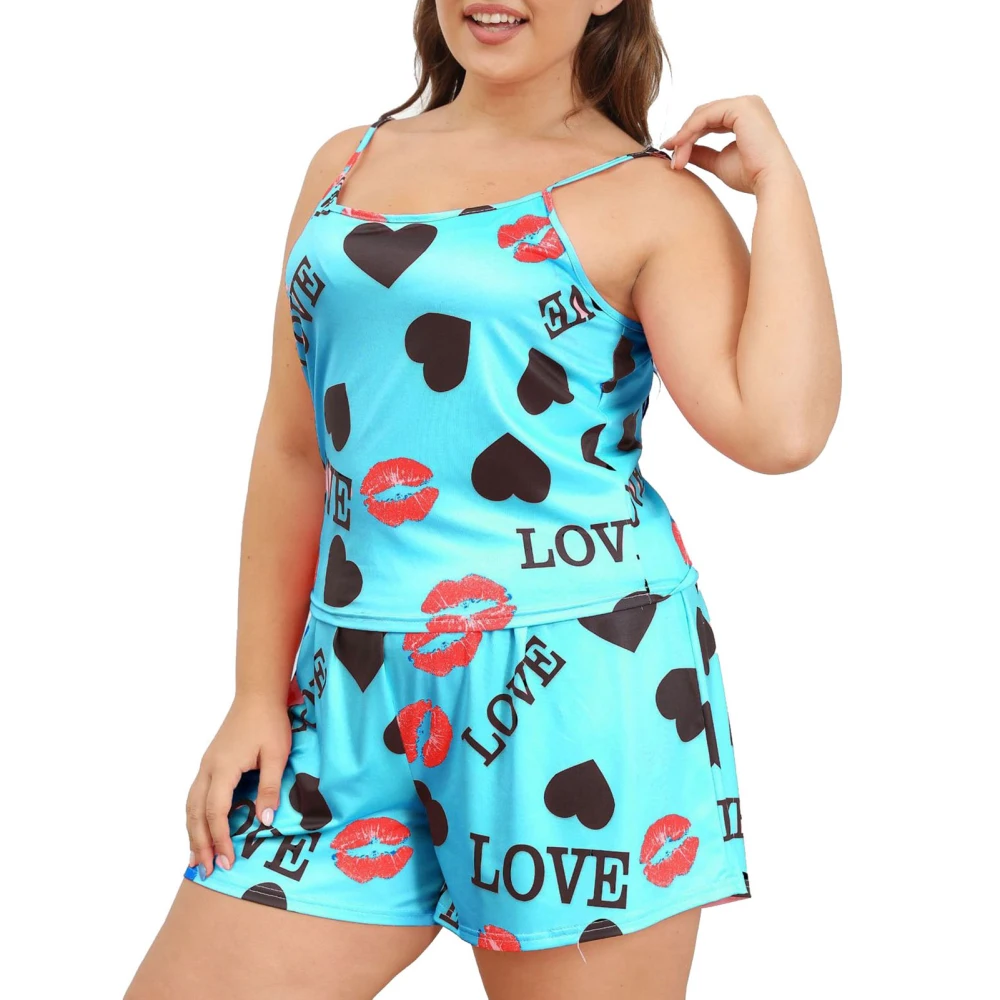 Short Pajamas Set Printed Casual Polyester Loungewear Suspender Top Shorts 2 Piece Blue 2XL