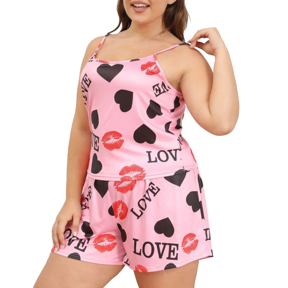 Short Pajamas Set Printed Casual Polyester Loungewear Suspender Top Shorts 2 Piece Pink 4XL