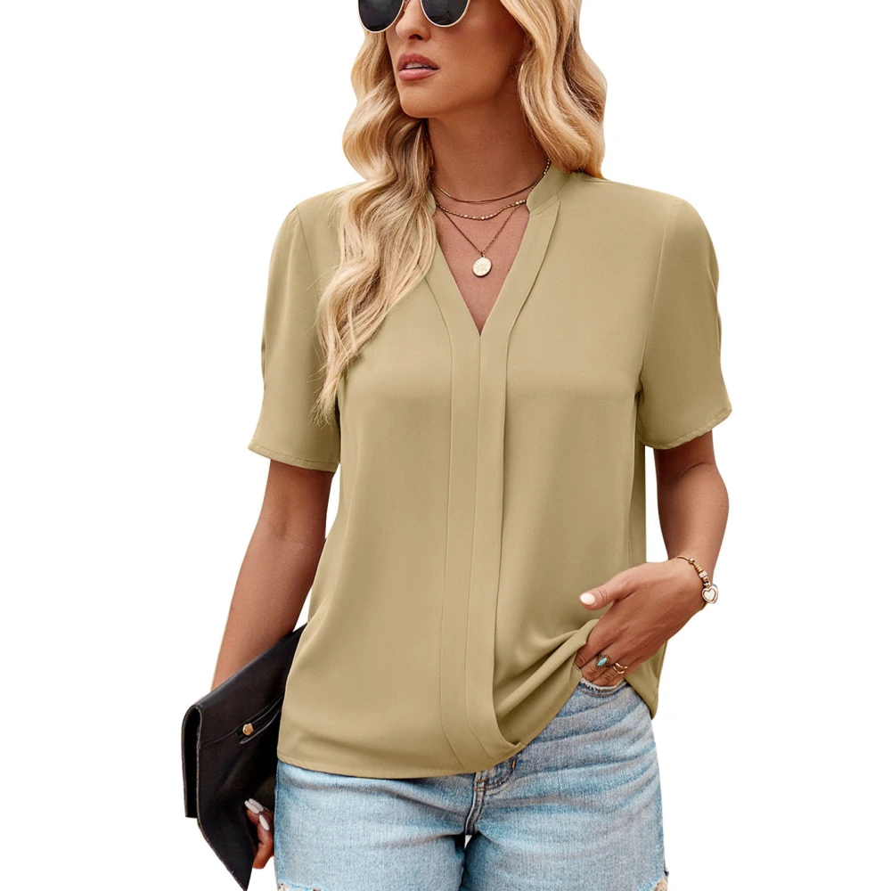 Women V Neck Solid Loose Blouse V Neck Short Sleeve Dress Blouse Pure Color Stylish Top Apricot XL