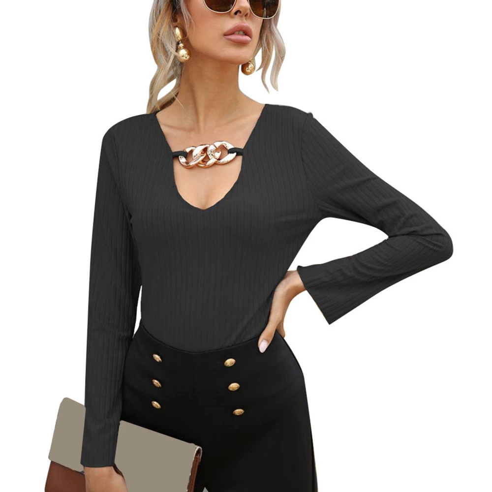 Women Long Sleeved Top V Neck Pit Stripes Chain Decoration Soft Skin Friendly Long Sleeved Shirt for Parties Shopping Black L