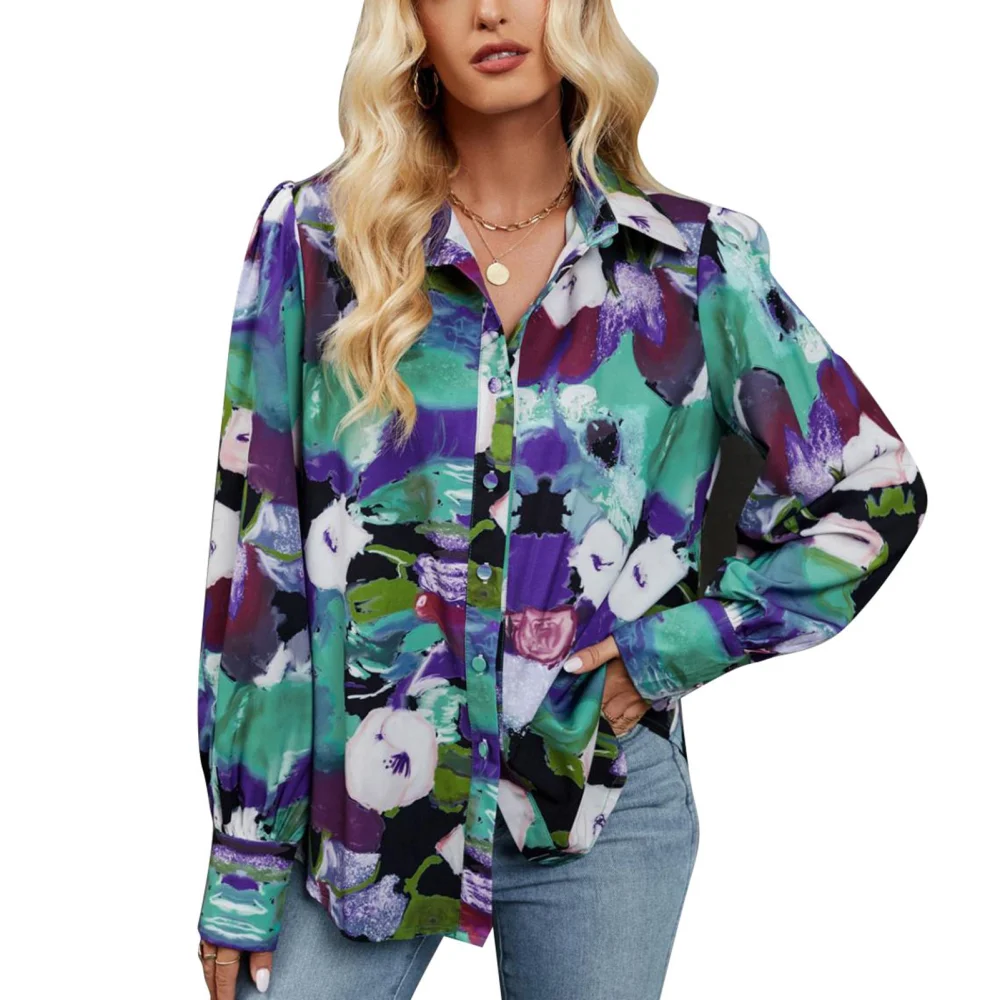 Printed Button Up Shirt Turn Down Collar Casual Fitted Long Sleeve Print Button Up Blouse for Women Green Gray Print L