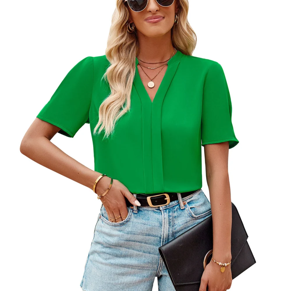 Women V Neck Solid Loose Blouse V Neck Short Sleeve Dress Blouse Pure Color Stylish Top Green L