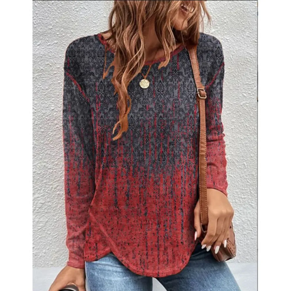 Women Irregular Hem Long Sleeve T Shirt Crew Neck Loose Fit Printed Casual Pullover T Shirt Red M