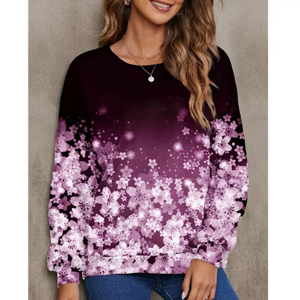 Women Gradient Floral Printed Sweatshirt Crew Neck Long Sleeve Loose Fit Casual Pullover Top Purple M