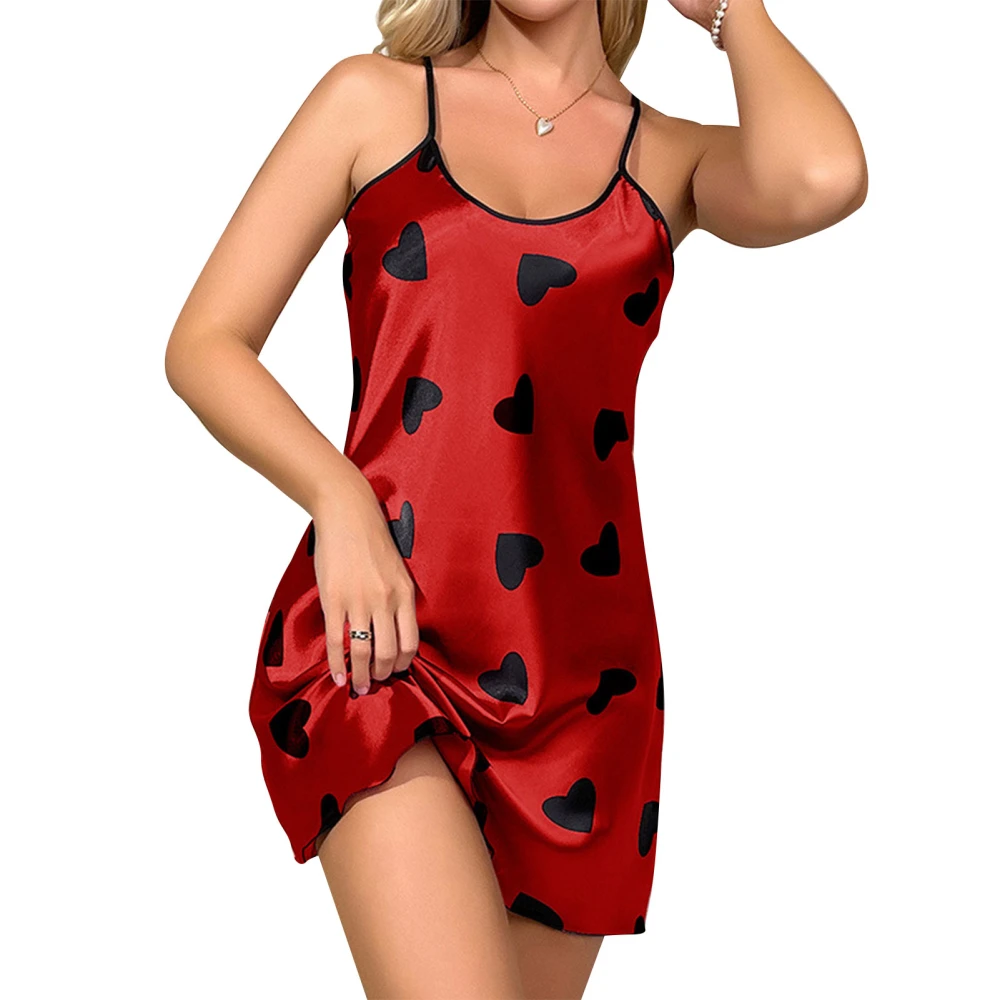 Women Sleeveless Sleepwear Dress Heart Printing Spaghetti Straps Summer Nightwear Pajamas Red XL